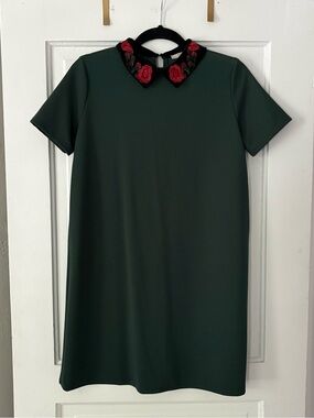 Zara Embroidered Collar Short Sleeve Green Dress Size M